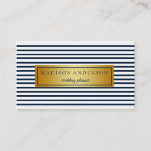 Navy Blue & White Chic Stripes in Gold Business Ca Visitekaartje