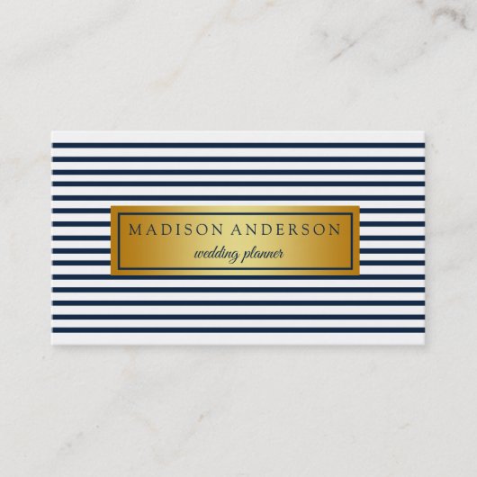Navy Blue & White Chic Stripes in Gold Business Ca Visitekaartje (Voorkant)