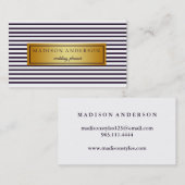 Navy Blue & White Chic Stripes in Gold Business Ca Visitekaartje (Voorkant / Achterkant)