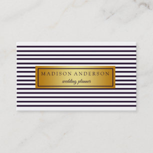 Navy Blue & White Chic Stripes in Gold Business Ca Visitekaartje