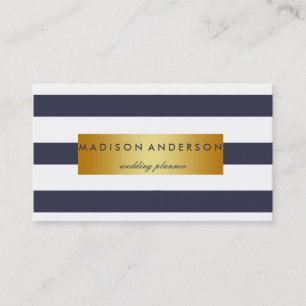 Navy Blue & White Chic Stripes in Gold Visitekaartje