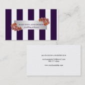 Navy Blue White Chic Stripes Silver  Floral Visitekaartje (Voorkant / Achterkant)