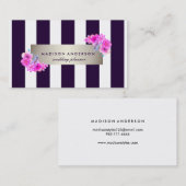 Navy Blue White Chic Stripes Silver Floral Visitekaartje (Voorkant / Achterkant)