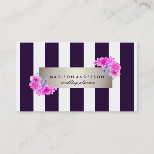 Navy Blue White Chic Stripes Silver Floral Visitekaartje (Voorkant)