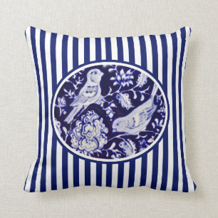 Navy Blue & White Chinoiserie Birds Floral Stripe Kussen