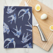 Navy Blue White Chinoiserie Chic Bird Tile Theedoek (Quarter Fold)