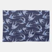 Navy Blue White Chinoiserie Chic Bird Tile Theedoek (Horizontaal)