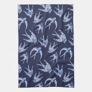 Navy Blue White Chinoiserie Chic Bird Tile Theedoek