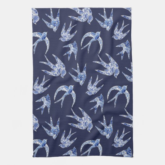 Navy Blue White Chinoiserie Chic Bird Tile Theedoek (Verticaal)