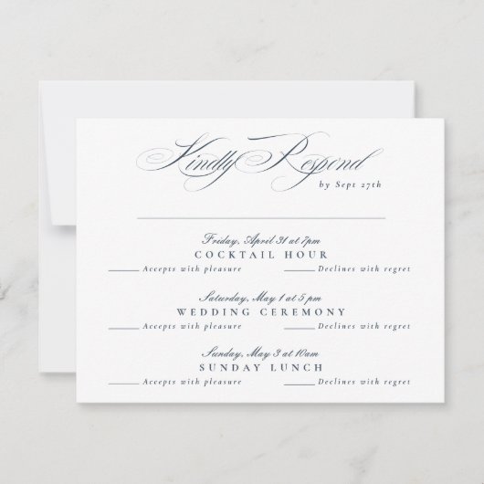 Navy Blue White Classic Calligraphy multi-event RSVP Kaartje (Voorkant)