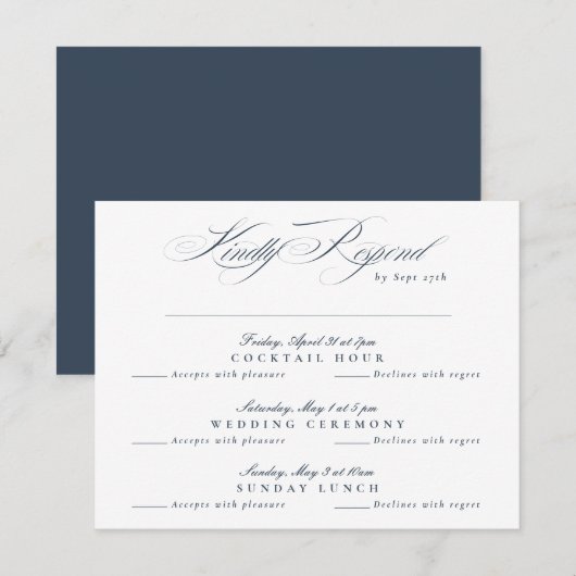 Navy Blue White Classic Calligraphy multi-event RSVP Kaartje (Voorkant / Achterkant)