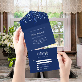 Navy blue white confetti verjaardag rsvp all in one uitnodiging