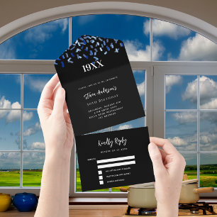 Navy blue white confetti year verjaardag rsvp all in one uitnodiging