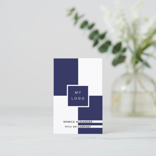 Navy blue white corporate logo QR code Visitekaartje (Staand voorkant)