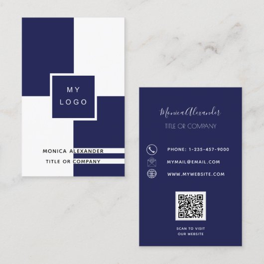 Navy blue white corporate logo QR code Visitekaartje (Voorkant / Achterkant)