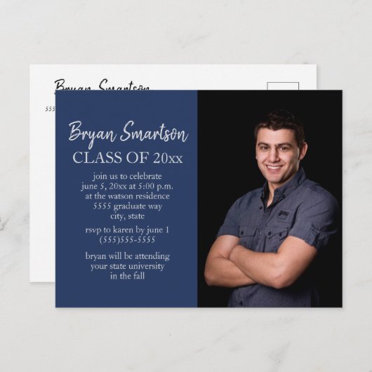 Navy Blue White Custom Photo Graduparty Briefkaart (Voorkant / Achterkant)