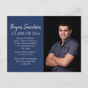 Navy Blue White Custom Photo Graduparty Briefkaart