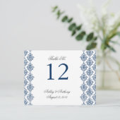 Navy Blue White Damask Arabesque Tafelnummer Kaart (Staand voorkant)