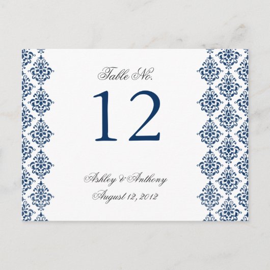 Navy Blue White Damask Arabesque Tafelnummer Kaart (Voorkant)