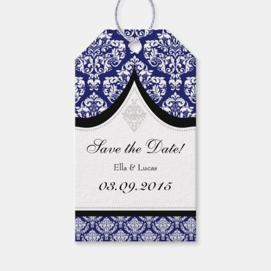Navy Blue White Damask Bewaar de datum Labels Cadeaulabel (Voorkant)