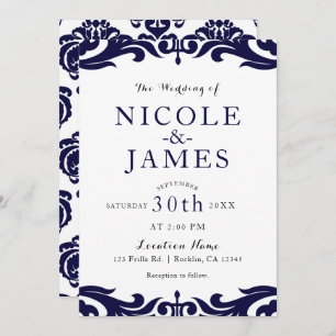 Navy Blue & White Damask Chic Elegant Wedding Kaart