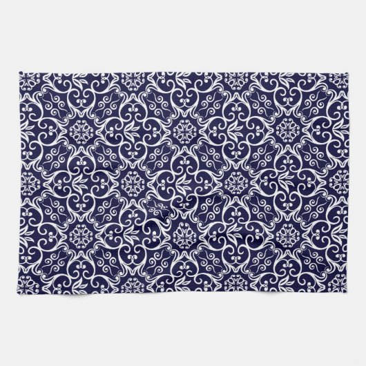 Navy Blue & White Damask Kitchen Towel Theedoek (Horizontaal)