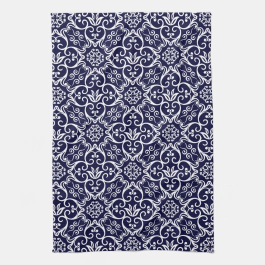 Navy Blue & White Damask Kitchen Towel Theedoek (Verticaal)