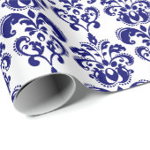 Navy Blue, White  Damask Pattern 2 Cadeaupapier (Rol Hoek)