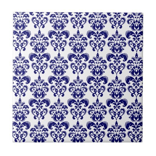 Navy Blue, White  Damask Pattern 2 Tegeltje (Voorkant)