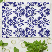 Navy Blue, White  Damask Pattern 2 Theedoek (Gevouwen)