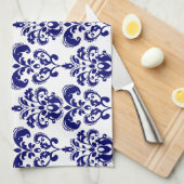 Navy Blue, White  Damask Pattern 2 Theedoek (Quarter Fold)