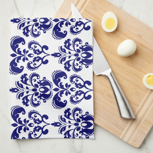 Navy Blue, White Damask Pattern 2 Theedoek (Quarter Fold)