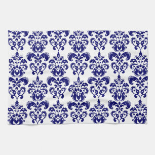Navy Blue, White  Damask Pattern 2 Theedoek