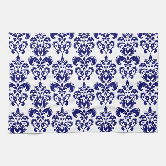 Navy Blue, White  Damask Pattern 2 Theedoek (Horizontaal)