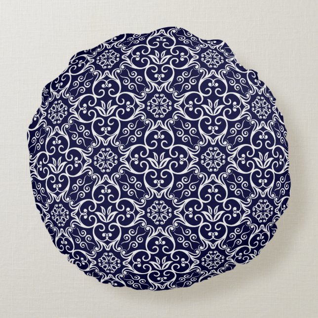 Navy Blue & White Damask Round Pillow Rond Kussen (Achterkant)