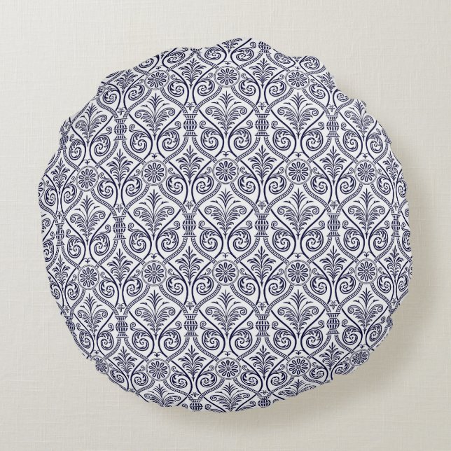 Navy Blue & White Damask Round Pillow Rond Kussen (Achterkant)