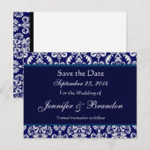 Navy Blue & White Damask Save The Date Briefkaart (Voorkant / Achterkant)