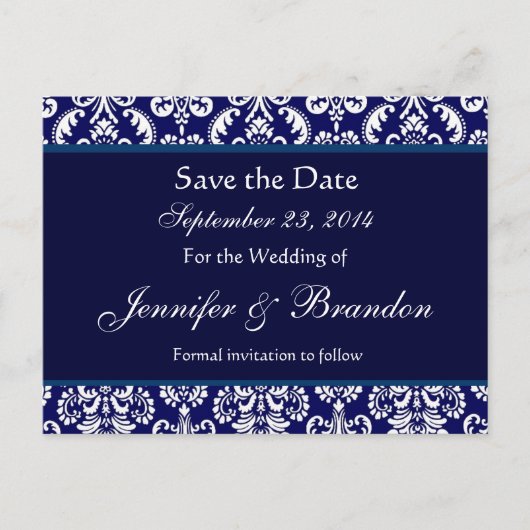 Navy Blue & White Damask Save The Date Briefkaart (Voorkant)