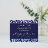 Navy Blue & White Damask Save The Date Briefkaart (Staand voorkant)