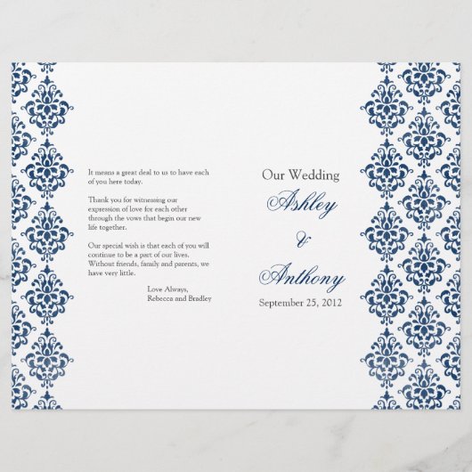 Navy Blue White Damask voudable Wedding Programme (Voorkant)