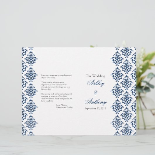 Navy Blue White Damask voudable Wedding Programme (Staand voorkant)