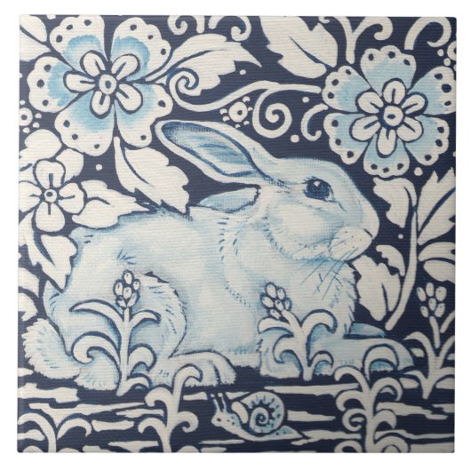 Navy Blue White Decor Rabbit, Garden Flowers Slak Tegeltje (Voorkant)