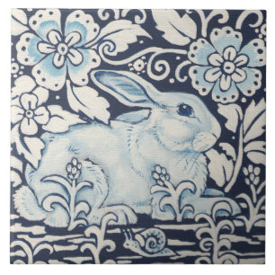 Navy Blue White Decor Rabbit, Garden Flowers Snail Tegeltje