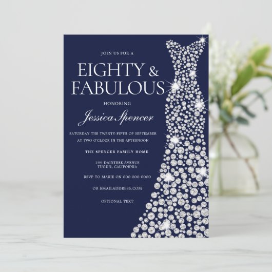Navy Blue White Diamond Dress 80th Birthday Party Kaart (Staand voorkant)