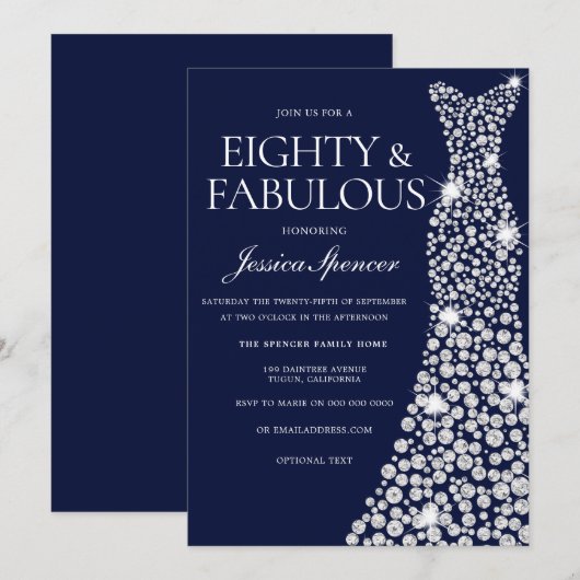 Navy Blue White Diamond Dress 80th Birthday Party Kaart (Voorkant / Achterkant)