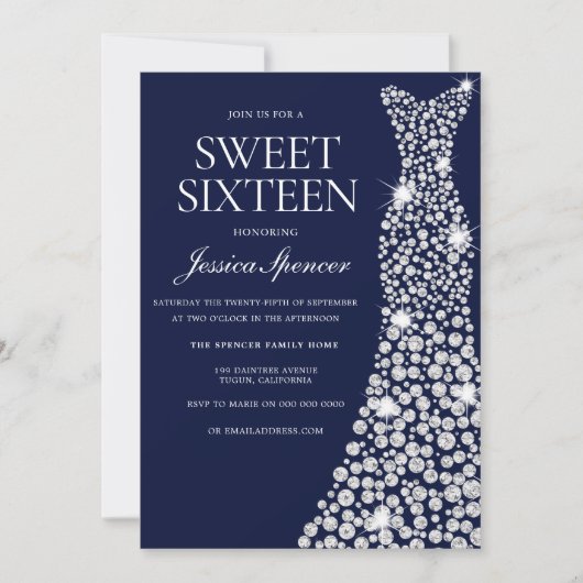 Navy Blue White Dress Sweet 16 Invite Kaart (Voorkant)