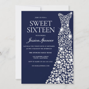 Navy Blue White Dress Sweet 16 Invite Kaart