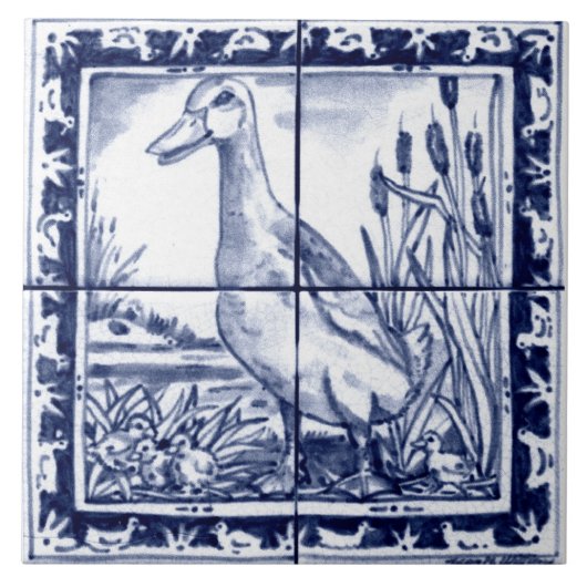 Navy Blue White Duck Ducking Dedham Delft  Tegeltje (Voorkant)