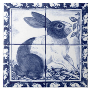 Navy Blue White Dutch Rabbit Dedham Delft Mural Tegeltje