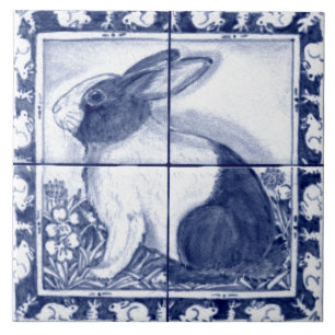 Navy Blue White Dutch Rabbit Dedham Delft Mural Tegeltje
